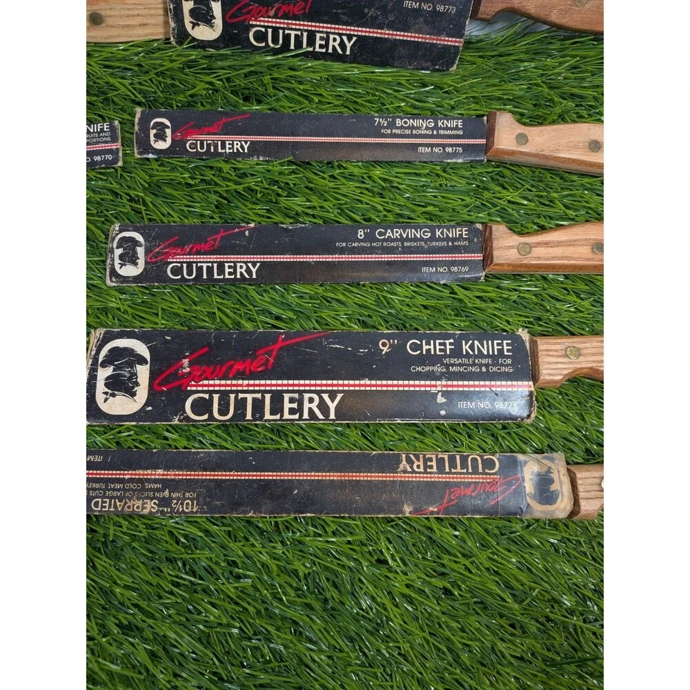 5PC Vintage GOURMET CUTLERY Kitchen KNIVES High Carbon  Wood Handles Made Japan